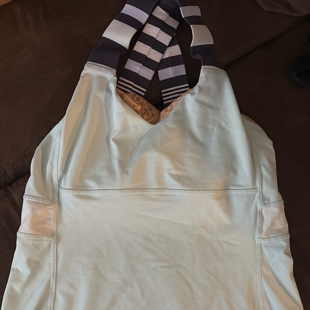 Lululemon sky blu, cross crossed tank (navy bluee/whiter stripes